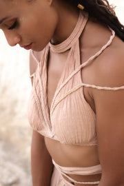 Inika Top in Organic French Linen and Bamboo Gauze with Adjustable Neck and Wrap-Around Design, Offering Multiple Styling Options for Elegant Comfort.